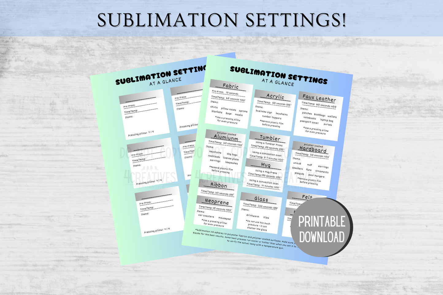 Sublimation Settings Cheat Sheet Guide